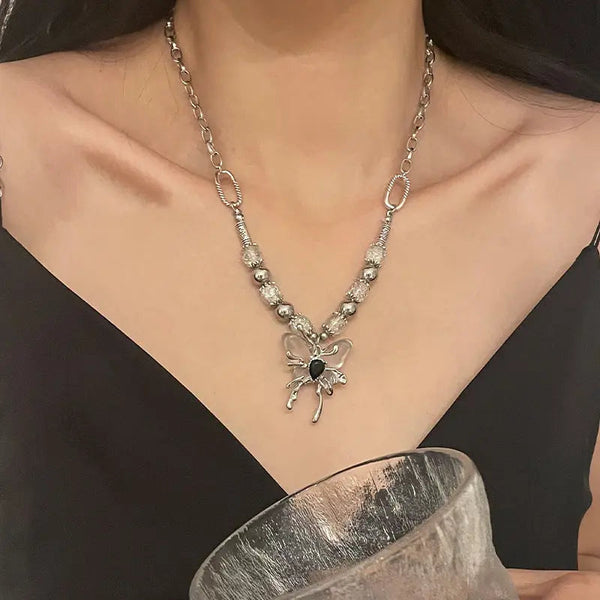 Lovcia Light Luxury Split Beads Butterfly Titanium Steel Necklace for Women-Necklaces-Ice Crack Beads Necklace-Ice Crack Beads Necklace