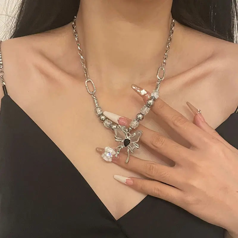 Lovcia Light Luxury Split Beads Butterfly Titanium Steel Necklace for Women-Necklaces-Ice Crack Beads Necklace-Ice Crack Beads Necklace