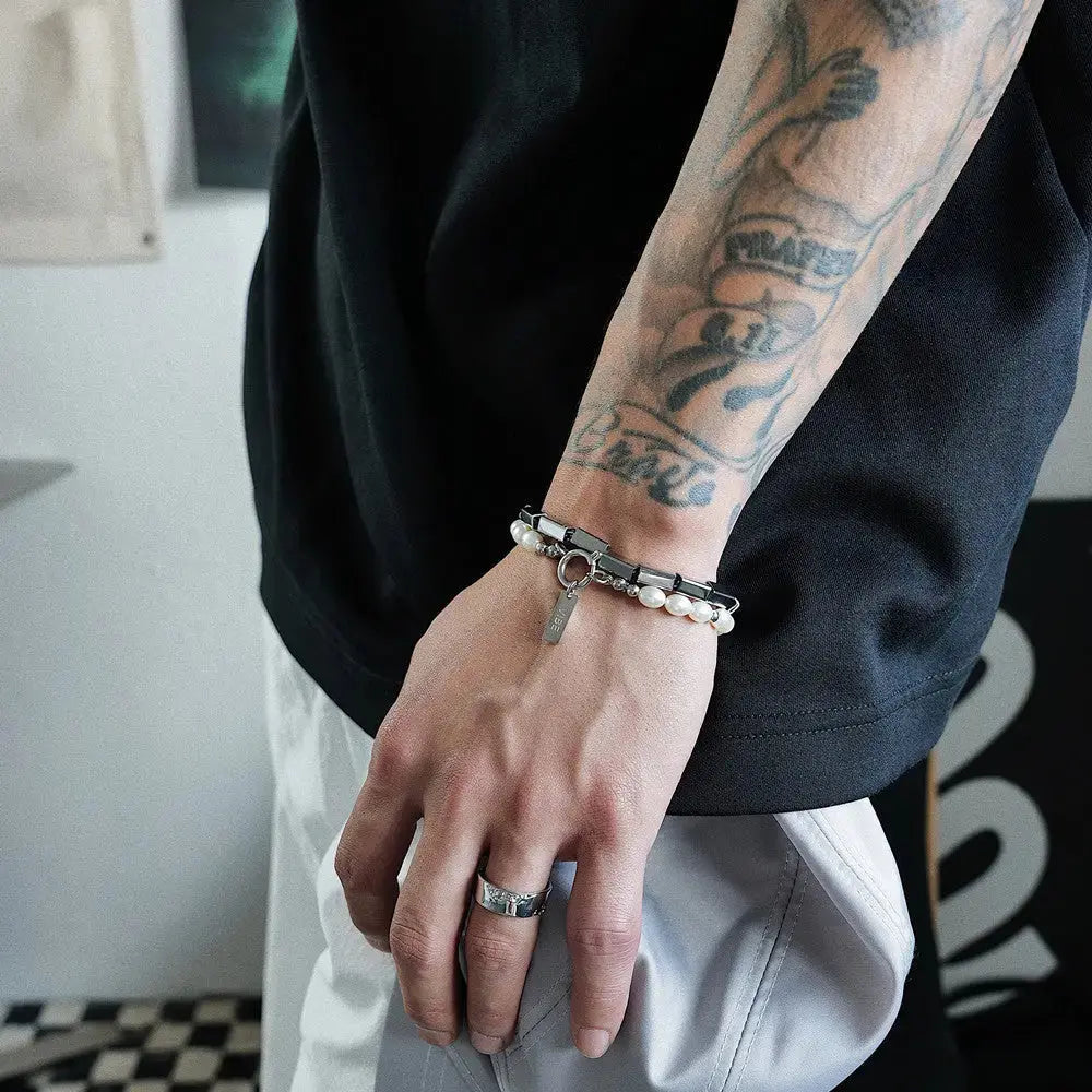 Lovcia Luminary Square Pearl Bracelets for Men and Women - Unisex Contemporary Stacked Bracelets Design-Bracelets-Metal square bracelet-Metal square bracelet