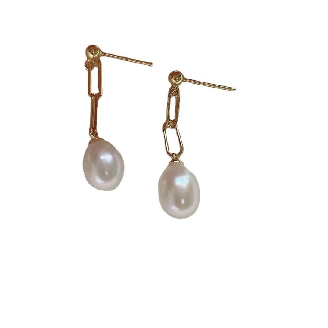 Lovcia Lustrous Freshwater Pearl Link Chain Sterling Silver Drop Earrings for Women-Earrings-Gold-Gold