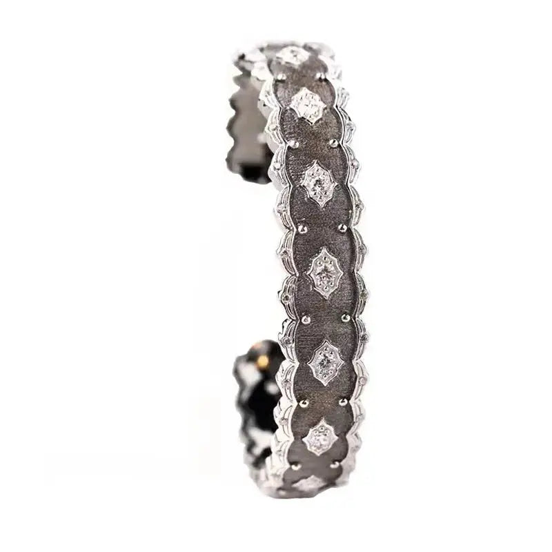 Lovcia Luxurious Sterling Silver Handcrafted Bangle Bracelet for Women with Diamond-Shape Embossed Motifs-Bracelets-Black gold bracelet-Black gold bracelet