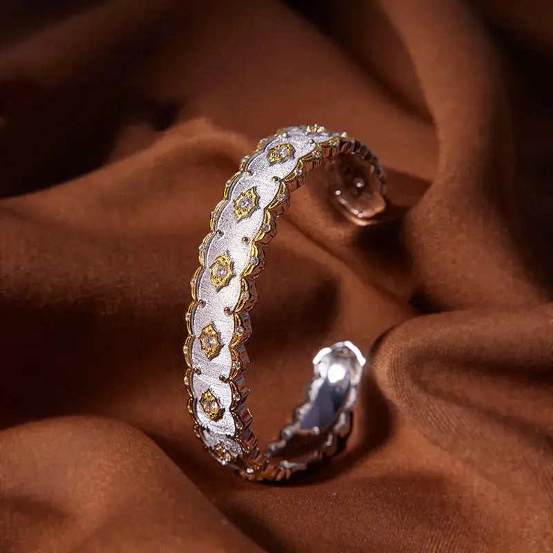 Lovcia Luxurious Sterling Silver Handcrafted Bangle Bracelet for Women with Diamond-Shape Embossed Motifs-Bracelets-Faded gold bracelet-Faded gold bracelet