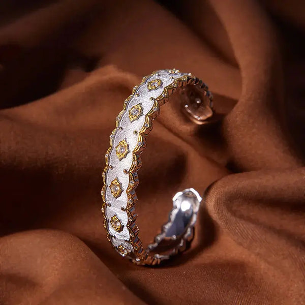 Lovcia Luxurious Sterling Silver Handcrafted Bangle Bracelet for Women with Diamond-Shape Embossed Motifs-Bracelets-Faded gold bracelet-Faded gold bracelet