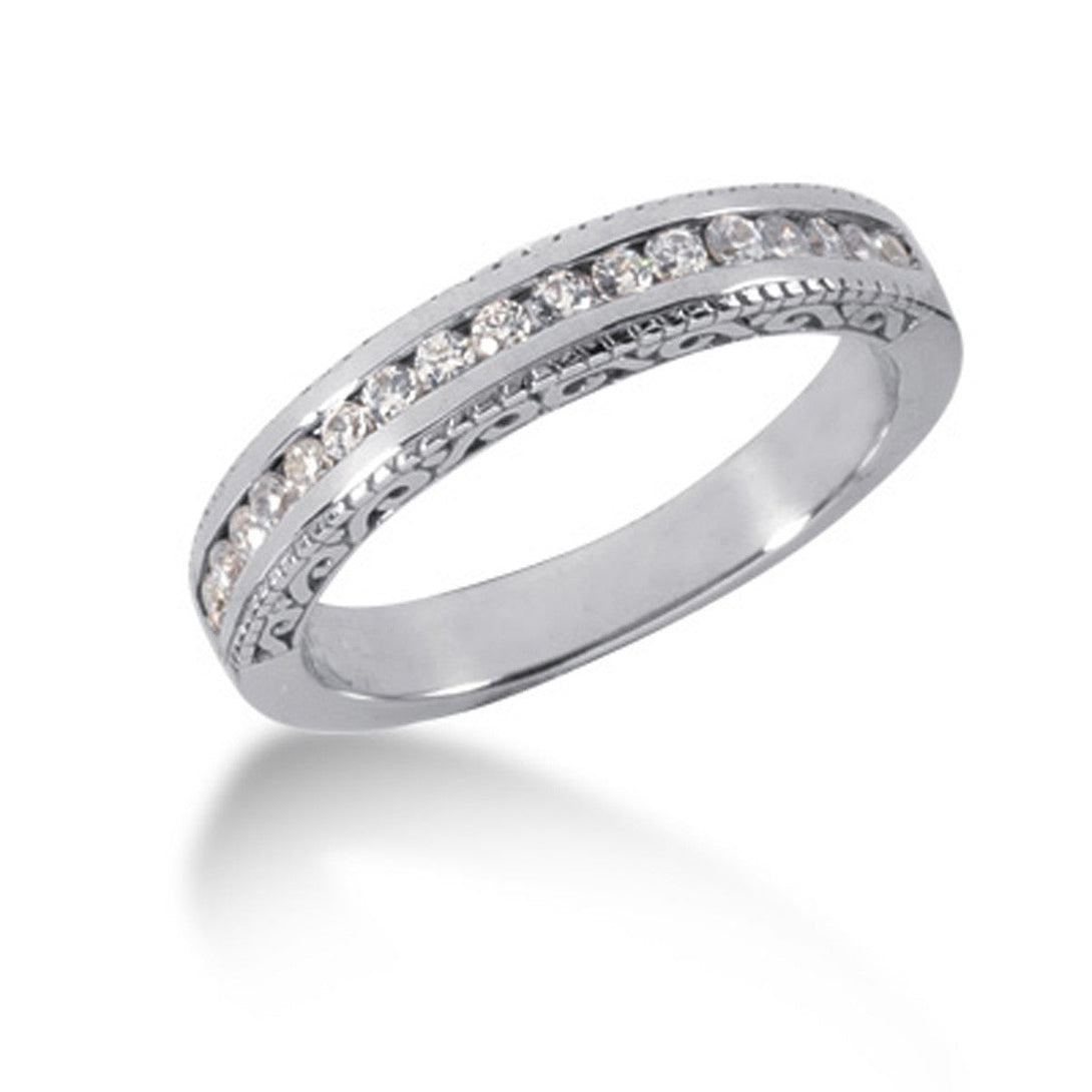 Lovcia Luxury 14k White Gold Antique-Inspired Diamond Channel Set Wedding Band with Engraved Detailing-Rings-4-White Gold-4