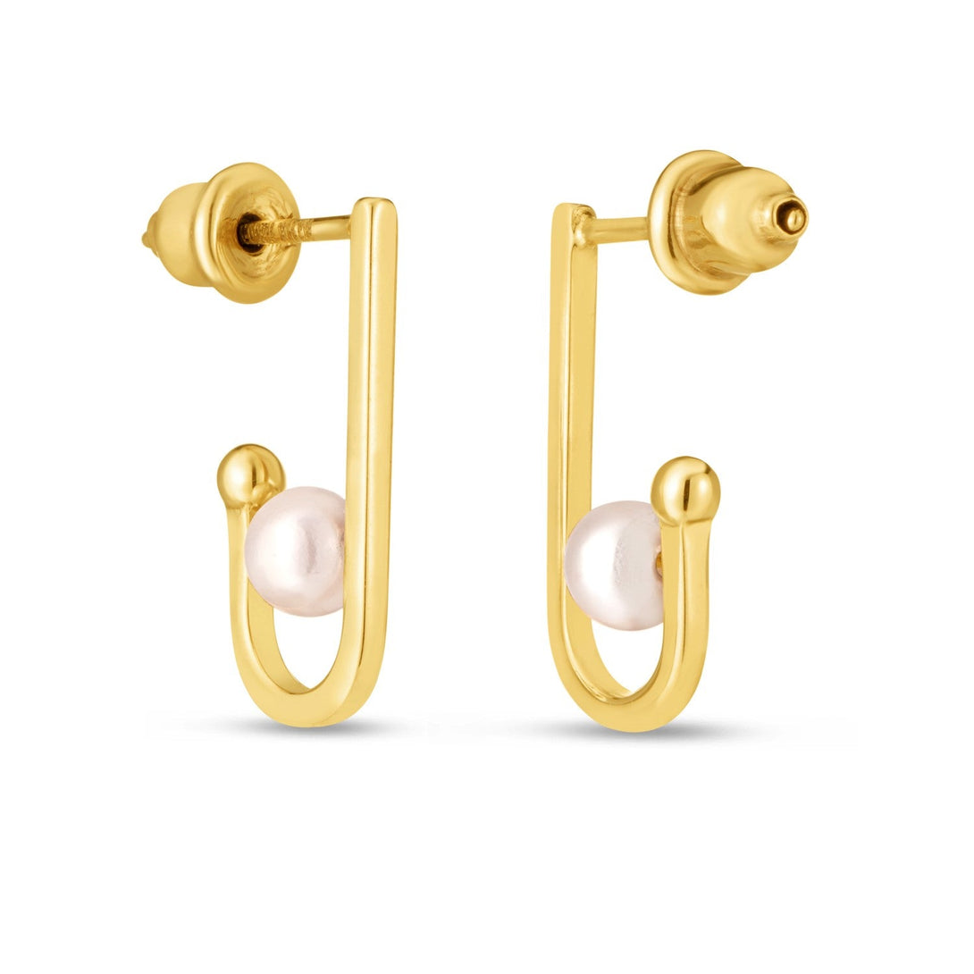 Lovcia Luxury 14k Yellow Gold Pearl Huggie J-Hoop Earrings-Earrings-Yellow Gold-Yellow Gold