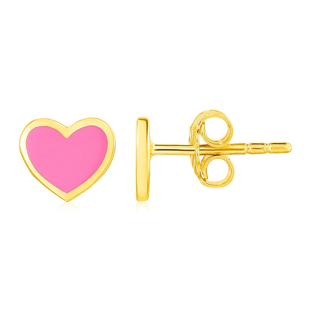 Lovcia Luxury 14k Yellow Gold Pink Enamel Heart Post Earrings-Earrings-Yellow Gold-Yellow Gold