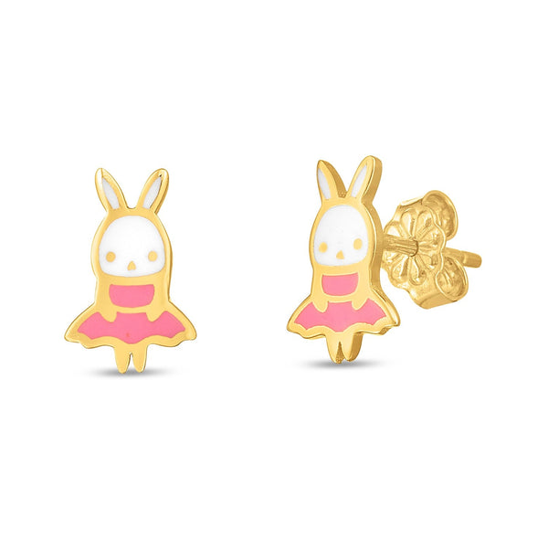 Lovcia Luxury Charming 14k Yellow Gold Enamel Bunny Earrings-Earrings-Yellow Gold-Yellow Gold