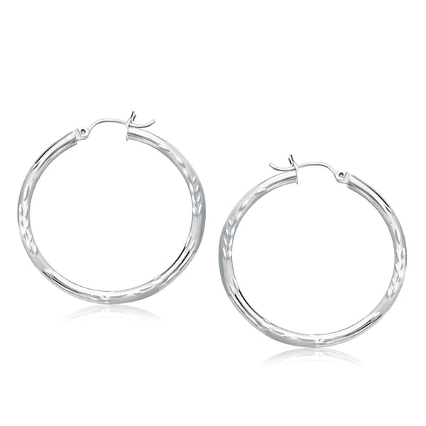 Lovcia Luxury Classic 14k White Gold Diamond Cut Hoop Earrings (35mm)-Earrings-White Gold-White Gold