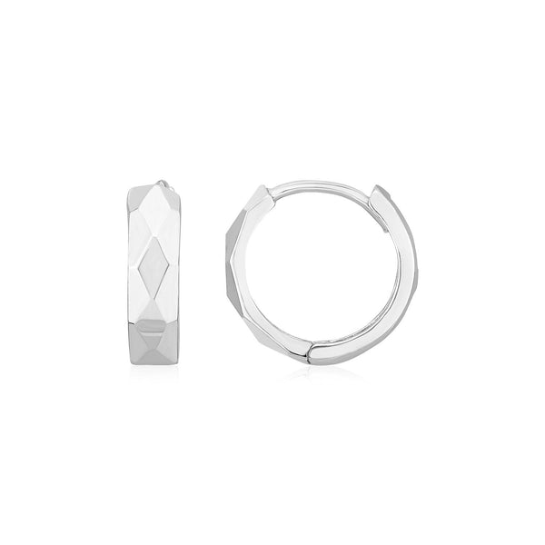 Lovcia Luxury Classic 14K White Gold Diamond-Shaped Faceted Huggie Hoop Earrings (12.9mm)-Earrings-White Gold-White Gold