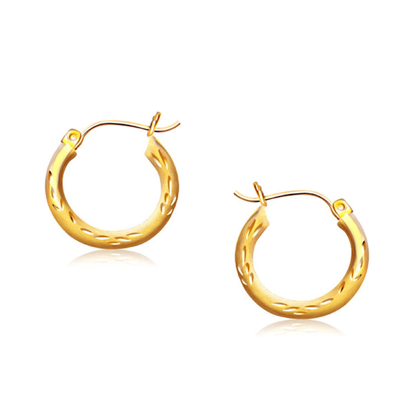 Lovcia Luxury Classic 14k Yellow Gold Diamond Cut Leaf Pattern Hoop Earrings (15mm)-Earrings-Yellow Gold-Yellow Gold