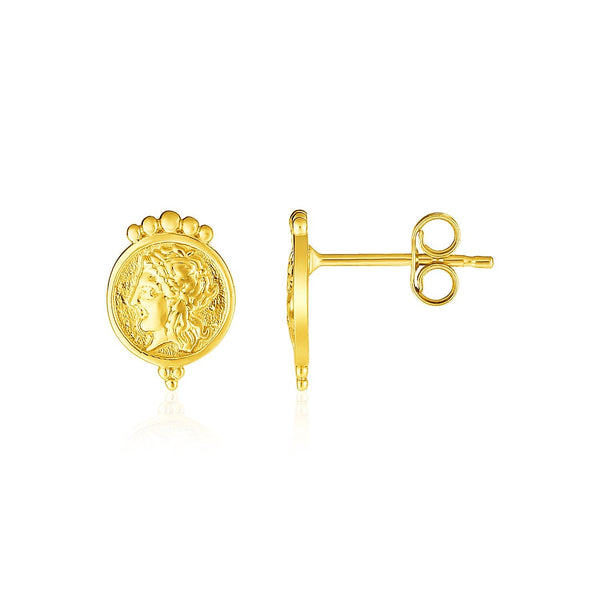 Lovcia Luxury Classic 14k Yellow Gold Etched Cameo Post Earrings-Earrings-Yellow Gold-Yellow Gold