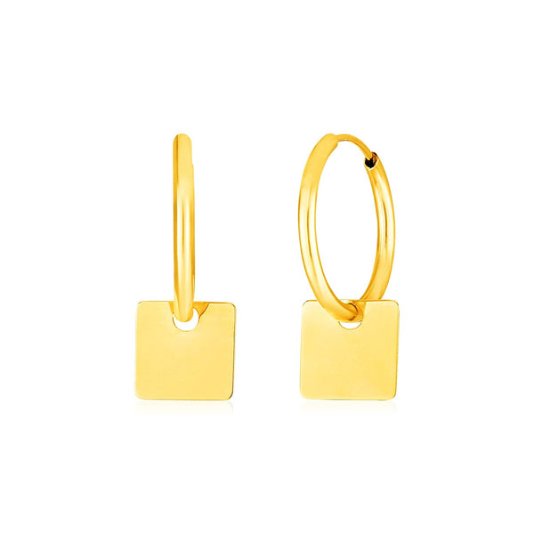 Lovcia Luxury Classic 14k Yellow Gold Hoop Earrings with Polished Square Charms-Earrings-Yellow Gold-Yellow Gold
