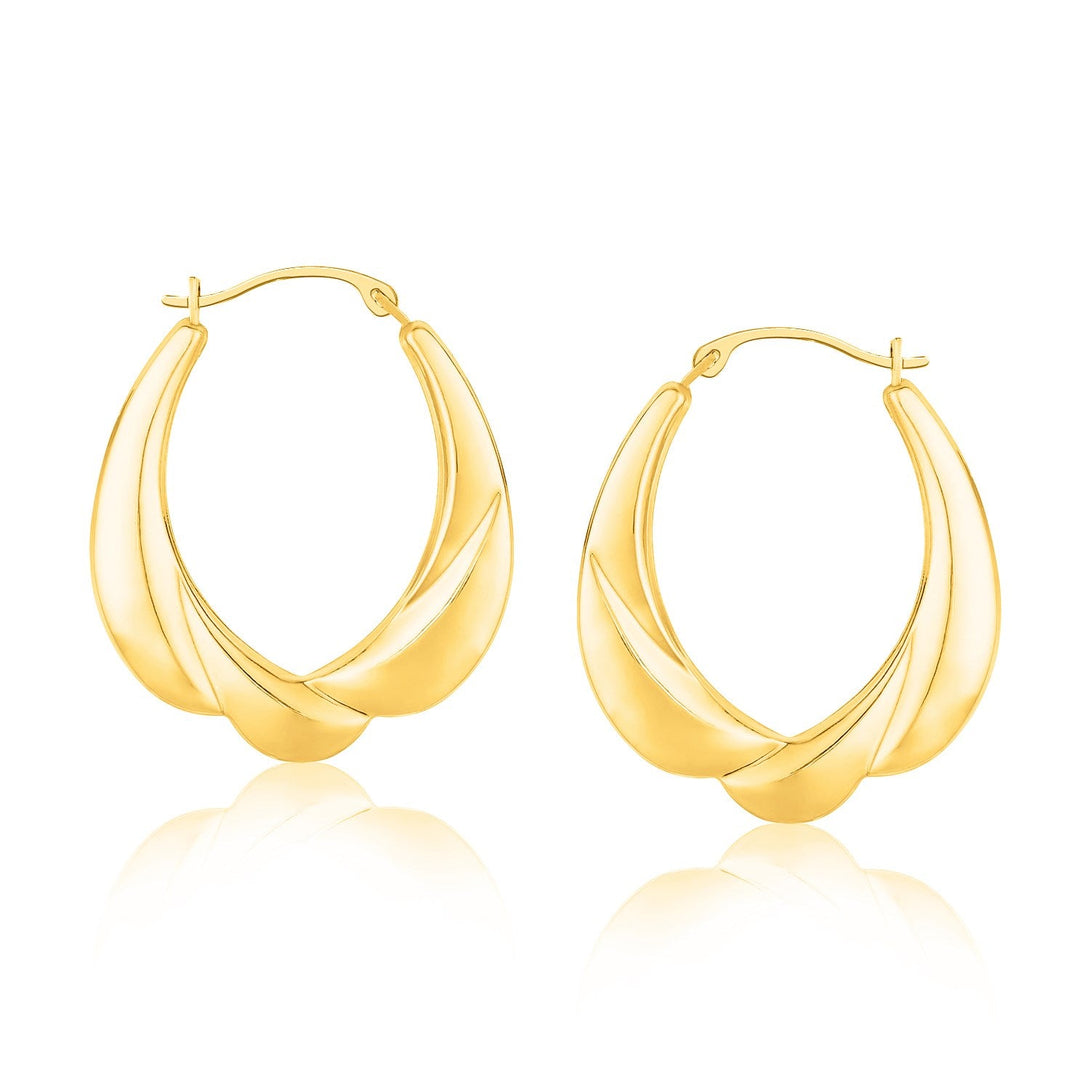 Lovcia Luxury Classic 14k Yellow Gold Scallop-Pattern Oval Hoop Earrings-Earrings-Yellow Gold-Yellow Gold