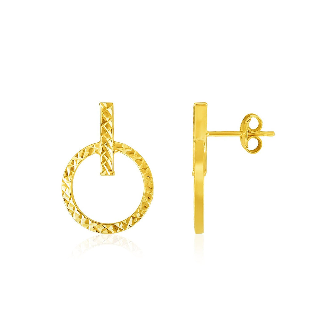 Lovcia Luxury Classic 14k Yellow Gold Textured Post Earrings with Circle and Bar Design-Earrings-Yellow Gold-Yellow Gold
