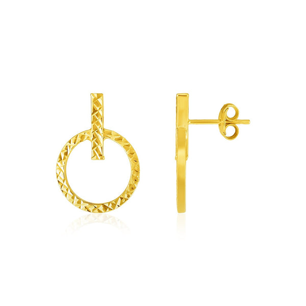 Lovcia Luxury Classic 14k Yellow Gold Textured Post Earrings with Circle and Bar Design-Earrings-Yellow Gold-Yellow Gold