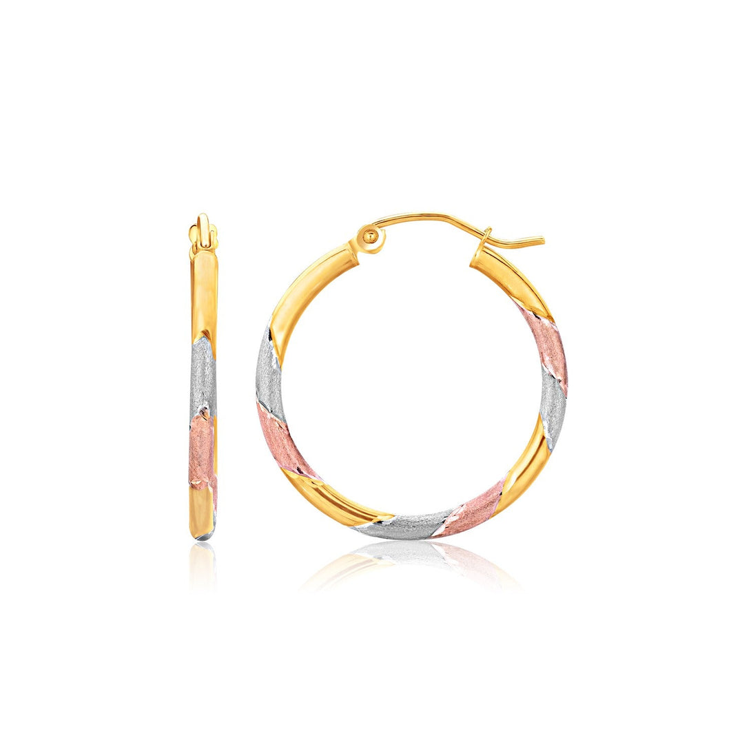 Lovcia Luxury Dazzling 14k Tri-Color Gold Hoop Earrings with Textured Finish (22mm)-Earrings-Tri-Color Gold-Tri-Color Gold