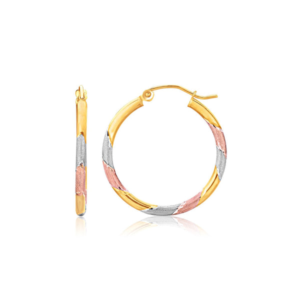 Lovcia Luxury Dazzling 14k Tri-Color Gold Hoop Earrings with Textured Finish (22mm)-Earrings-Tri-Color Gold-Tri-Color Gold