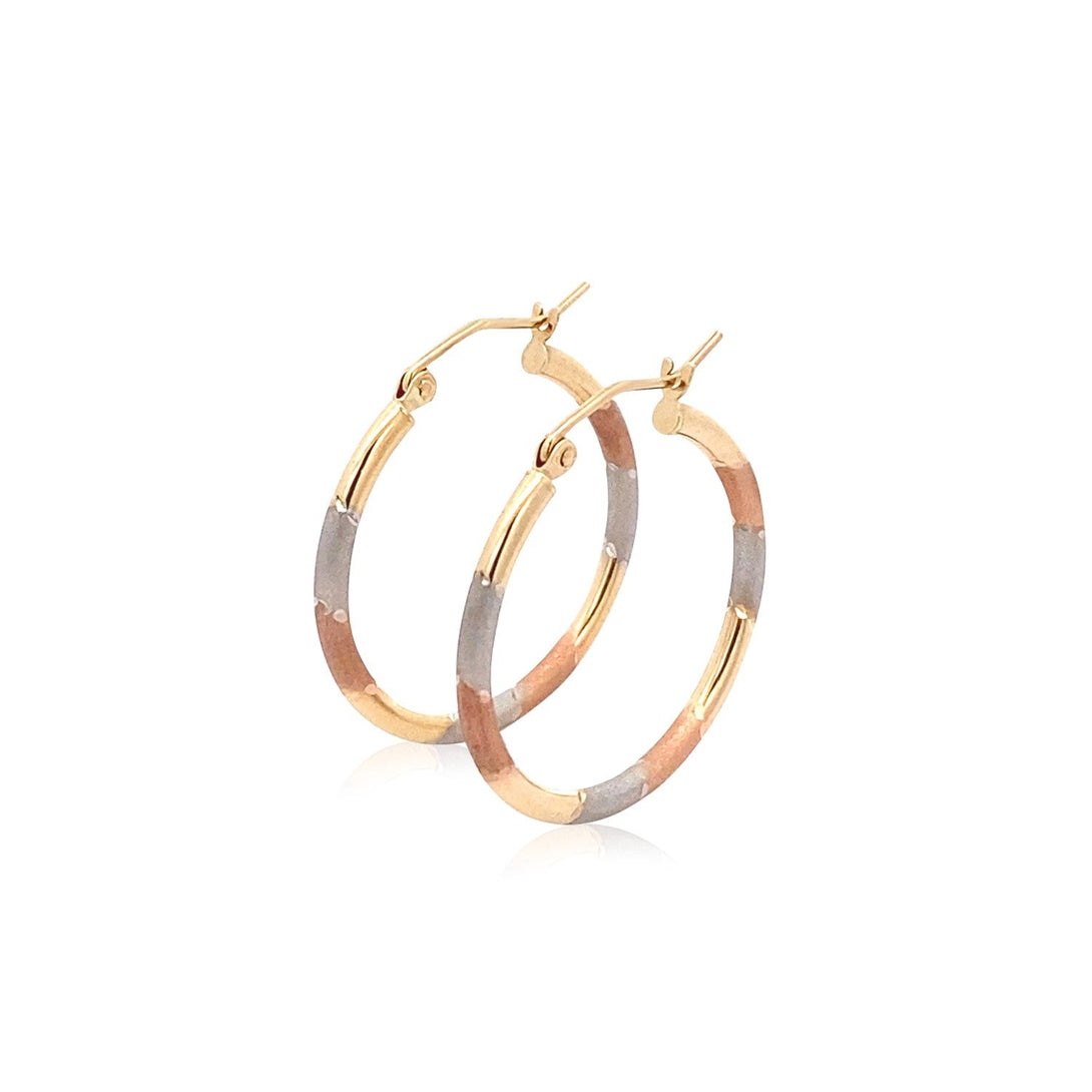 Lovcia Luxury Dazzling 14k Tri-Color Gold Hoop Earrings with Textured Finish (22mm)-Earrings-Tri-Color Gold-Tri-Color Gold