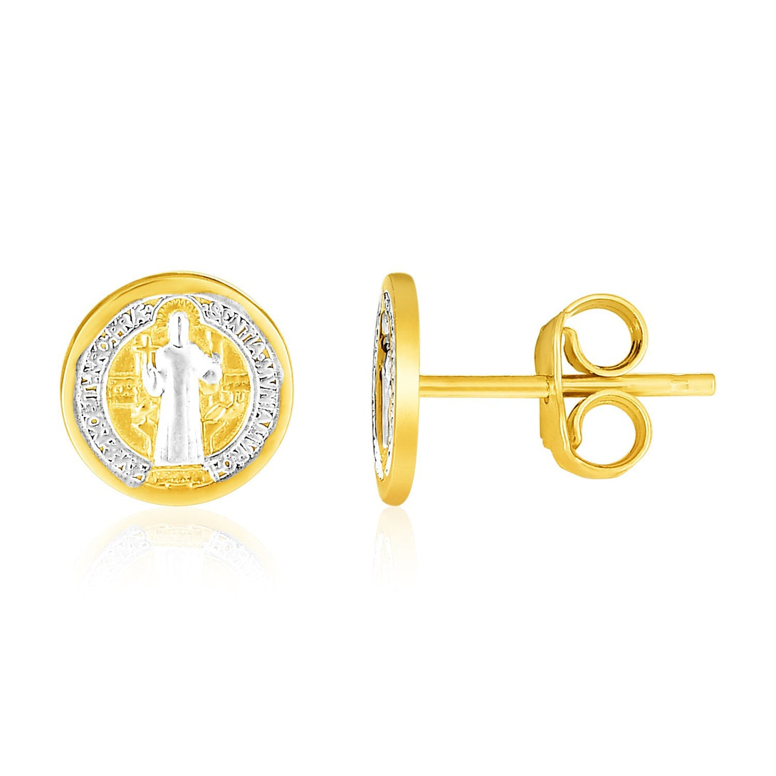Lovcia Luxury Dazzling 14k Two-Tone Gold Religious Medallion Earrings - 8mm-Earrings-Two-Tone Gold-Two-Tone Gold