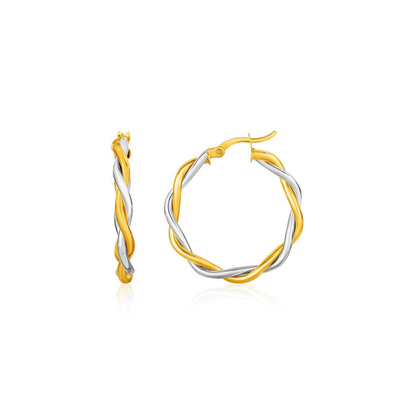Lovcia Luxury Dazzling Two-Tone Twist Wire Hoop Earrings in 10k Yellow and White Gold (15mm)-Earrings-Two-Tone Gold-Two-Tone Gold