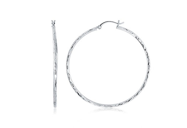 LOVCIA Luxury 14K White Gold Diamond-Cut Hoop Earrings (45mm Diameter)