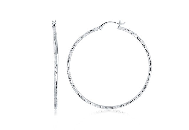 LOVCIA Luxury 14K White Gold Diamond-Cut Hoop Earrings (45mm Diameter)