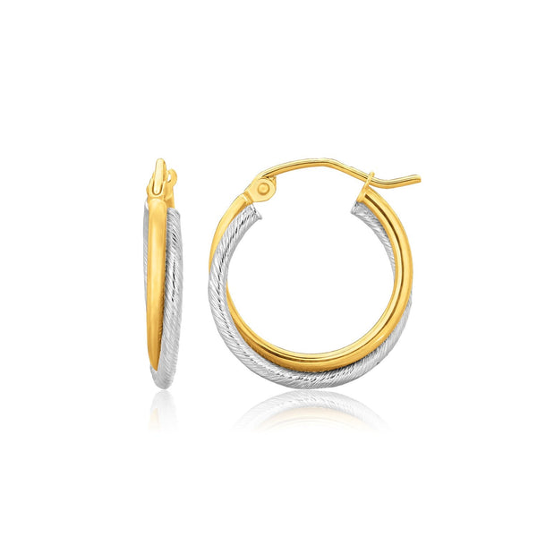 Buy LOVCIA Luxury Radiant 14k Two-Tone Gold Double Hoop Earrings with Textured and Polished Finish