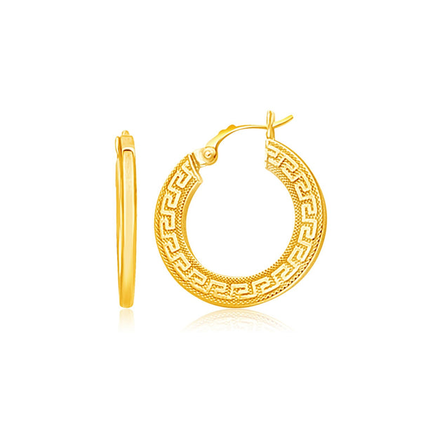 Buy LOVCIA Luxury Greek Key Patterned 14k Yellow Gold Medium Hoop Earrings with Snap Lock Closure