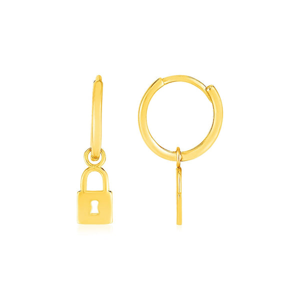 LOVCIA Luxury Classic 14k Yellow Gold Hoop Earrings with Dazzling Padlock Charms