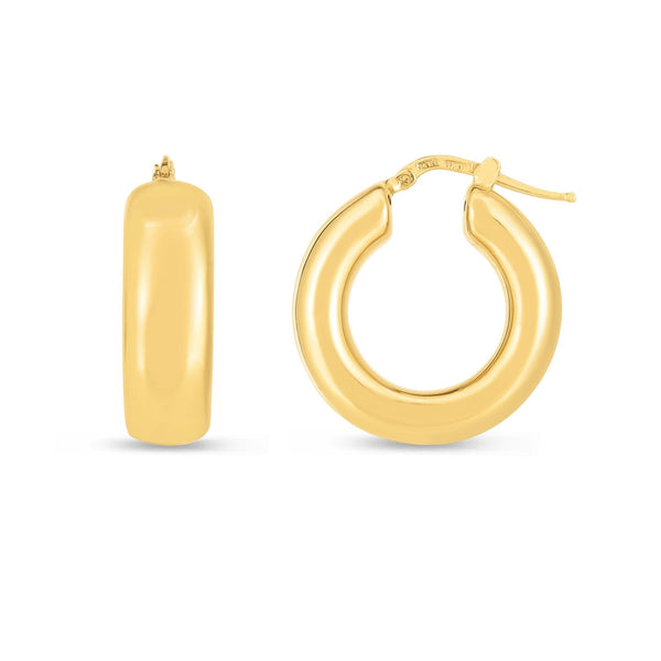 LOVCIA Luxury 14k Yellow Gold Glossy Medium Hoop Earrings