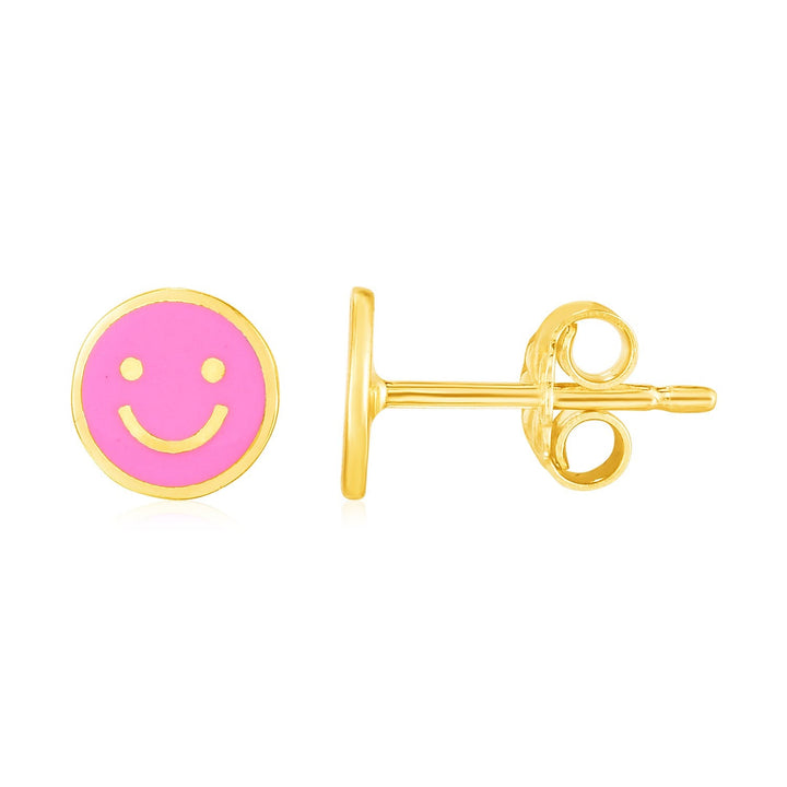 Buy LOVCIA Luxury Happy Face 14K Yellow Gold Pink Enamel Stud Earrings (6.8mm)