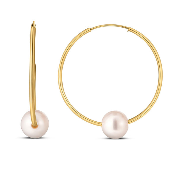 Buy LOVCIA Luxury 14k Yellow Gold Endless Hoop Pearl Earrings (25mm Diameter)