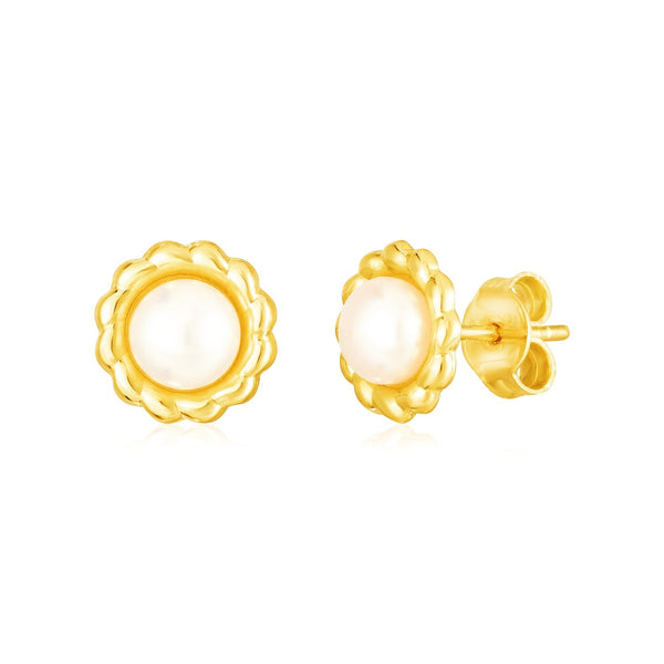 Buy LOVCIA Luxury 14k Yellow Gold Floral Pearl Stud Earrings