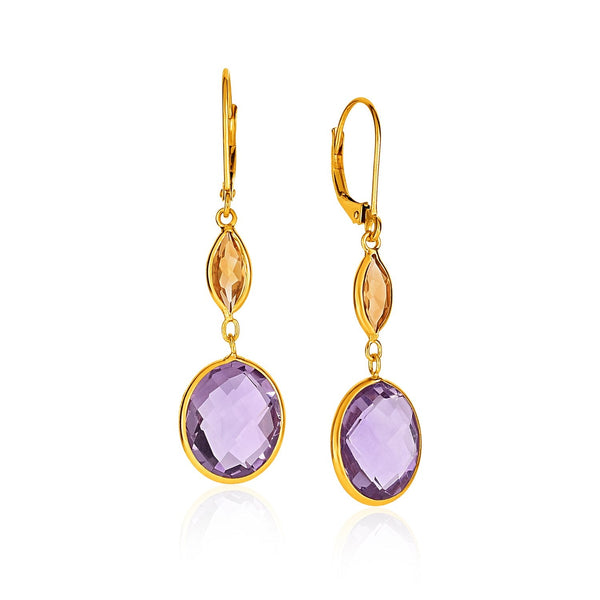 Lovcia Luxury Elegant 14k Yellow Gold Leverback Earrings with Amethyst and Citrine Drops-Earrings-Yellow Gold-Yellow Gold
