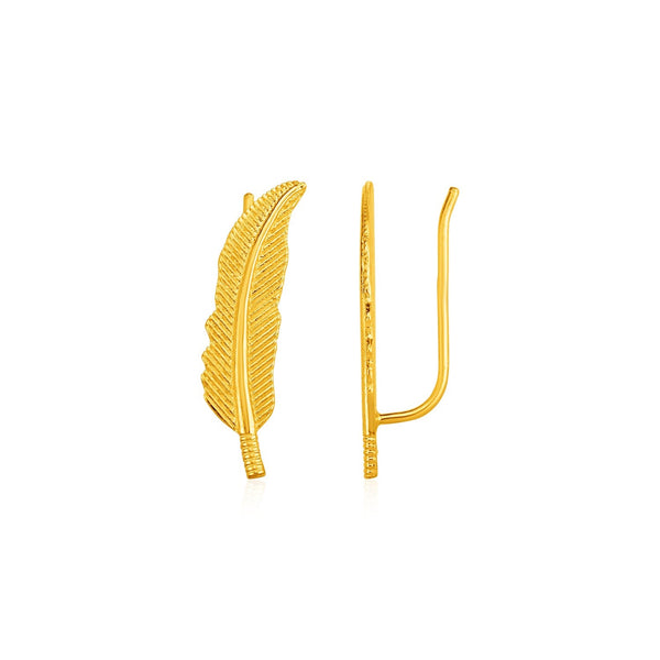 Lovcia Luxury Elegant Textured Feather Ear Climber Earrings in 14k Gold-Earrings-Yellow Gold-Yellow Gold