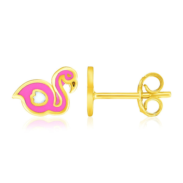 Lovcia Luxury Enameled Flamingo Earrings for Kids in 14k Yellow Gold-Earrings-Yellow Gold-Yellow Gold