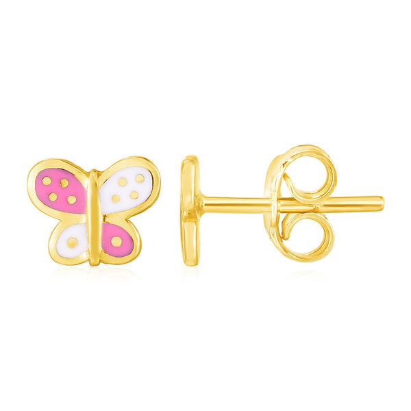 Lovcia Luxury Exquisite 14k Yellow Gold Butterfly Stud Earrings with Pink and White Enamel Detailing-Earrings-Yellow Gold-Yellow Gold