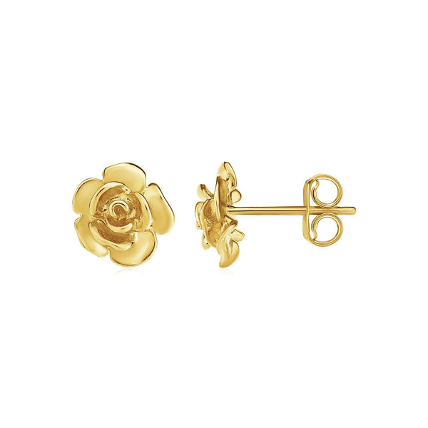 Lovcia Luxury Exquisite 14K Yellow Gold Rose Stud Earrings (9.2mm)-Earrings-Yellow Gold-Yellow Gold