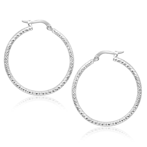 Lovcia Luxury Glamorous 14k White Gold Textured Hoop Earrings with Snap Lock (25mm)-Earrings-White Gold-White Gold