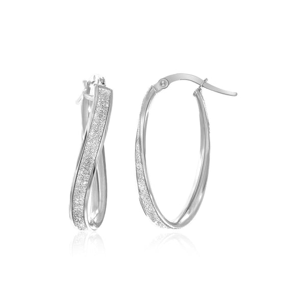 Lovcia Luxury Glamorous 14K White Gold Twist Oval Hoop Earrings with Glitter Center-Earrings-White Gold-White Gold