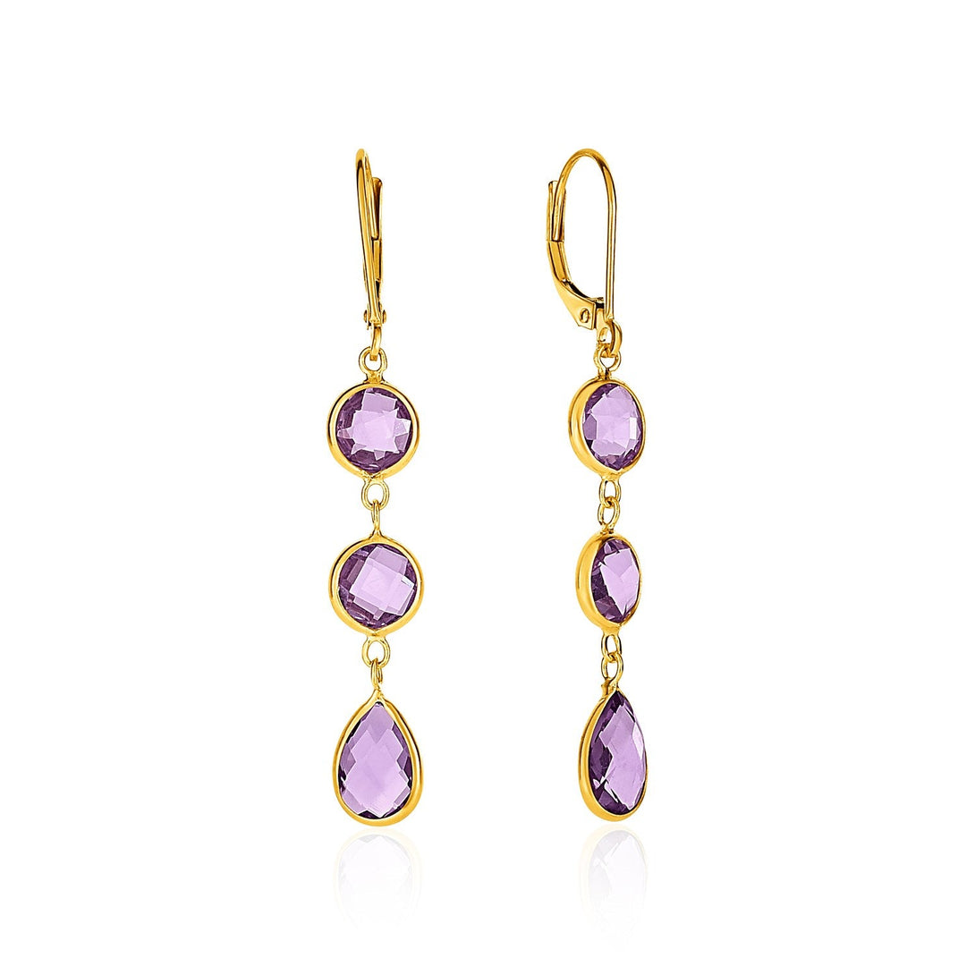 Lovcia Luxury Glamorous 14k Yellow Gold Drop Earrings Featuring Pear-Shaped Amethysts-Earrings-Yellow Gold-Yellow Gold