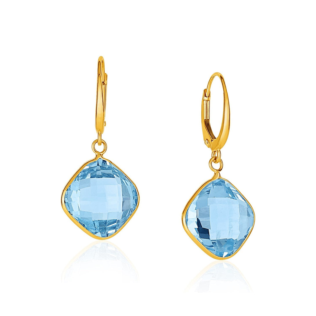 Lovcia Luxury Glamorous 14k Yellow Gold Drop Earrings with Cushion-Cut Blue Topaz Briolettes-Earrings-Yellow Gold-Yellow Gold