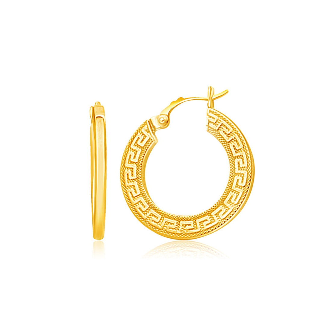 Lovcia Luxury Greek Key Patterned 14k Yellow Gold Medium Hoop Earrings with Snap Lock Closure-Earrings-Yellow Gold-Yellow Gold