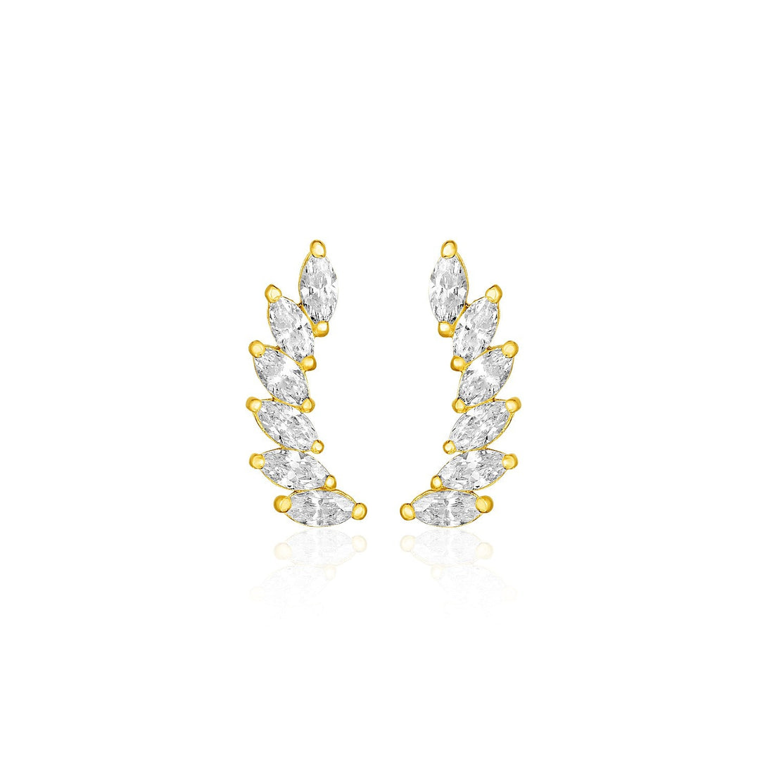 Lovcia Luxury Radiant 14k Yellow Gold Leaf Design Ear Climbers with Marquise Cubic Zirconia Stones-Earrings-Yellow Gold-Yellow Gold