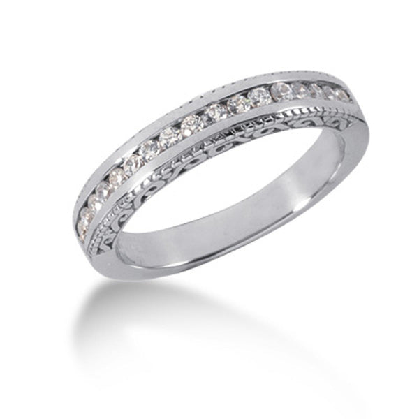 LOVCIA Luxury 14k White Gold Antique-Inspired Diamond Channel Set Wedding Band with Engraved Detailing