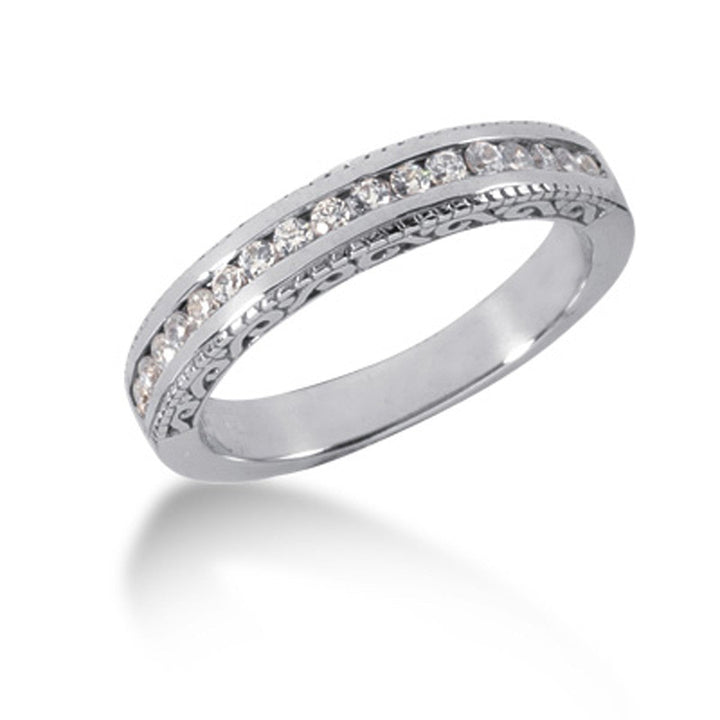 LOVCIA Luxury 14k White Gold Antique-Inspired Diamond Channel Set Wedding Band with Engraved Detailing