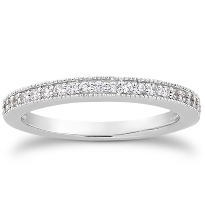 LOVCIA Luxury 14k White Gold Vintage Pave Diamond Milgrain Wedding Band with 23 Diamonds