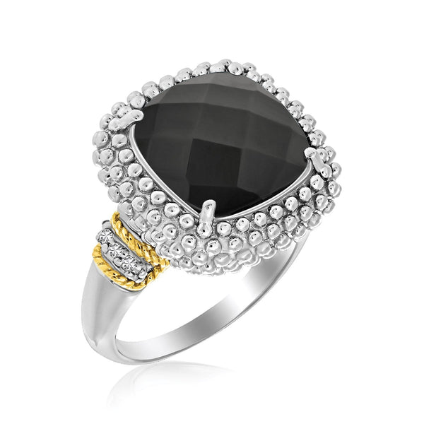 LOVCIA Luxury 18k Yellow Gold & Sterling Silver Diamond and Black Onyx Popcorn Ring