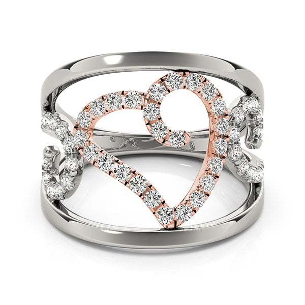 LOVCIA Luxury 14k White and Rose Gold Diamond Ring with Heart Filigree Design (1/4 cttw)