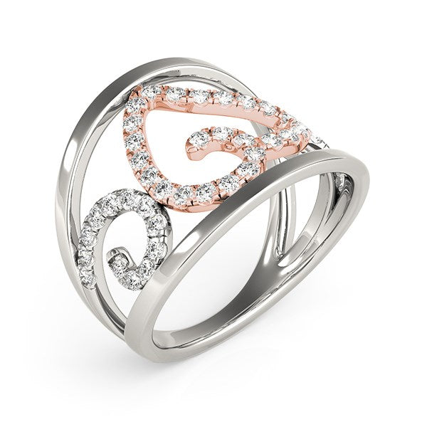 LOVCIA Luxury 14k White and Rose Gold Diamond Ring with Heart Filigree Design (1/4 cttw)